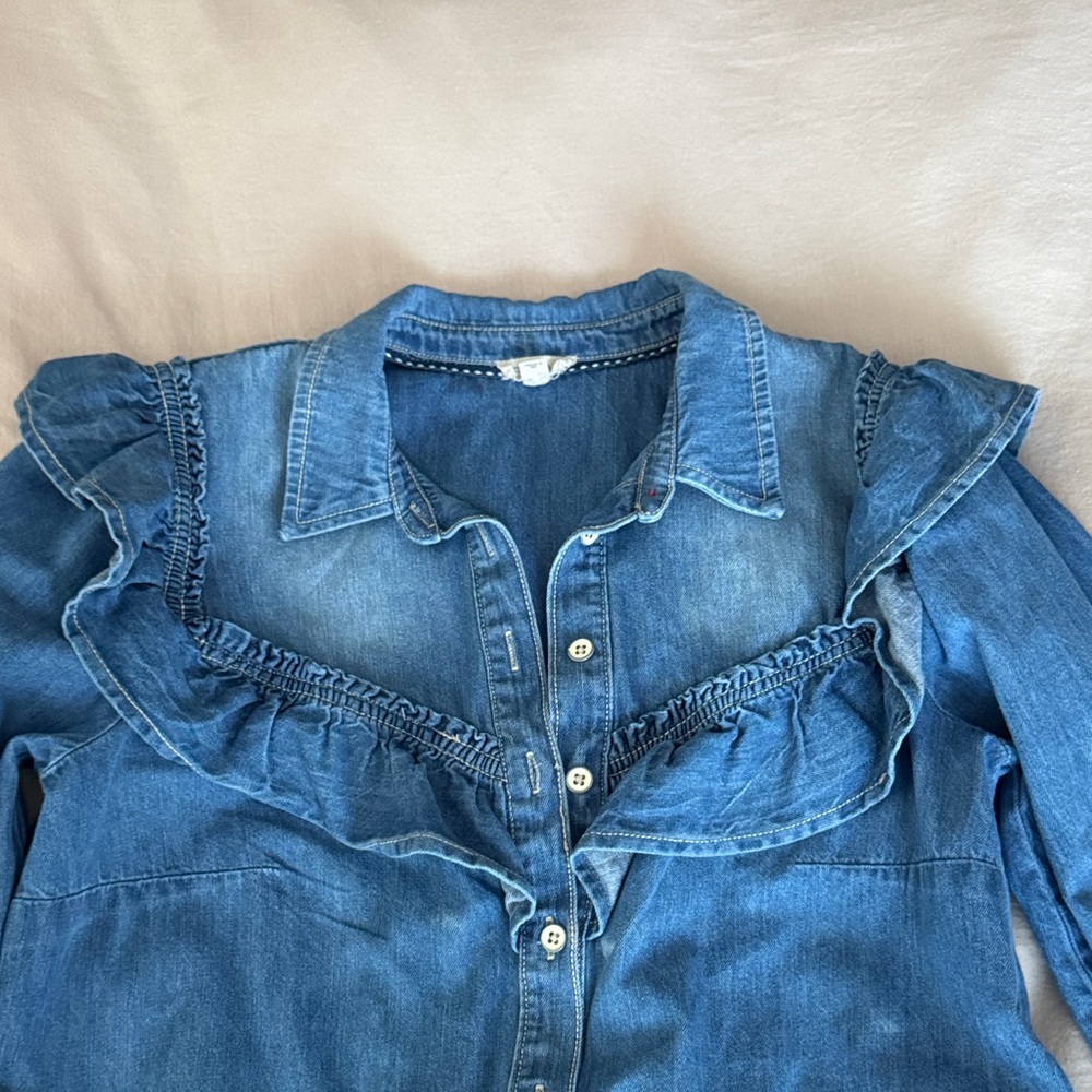 Pilcro Blue Button Down Shirt with Ruffle Detail - Picture 3 of 5